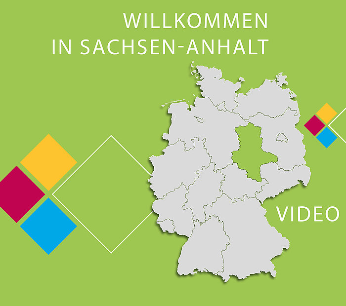 Grafik mit einer Deutschlandkarte, auf der Sachsen-Anhalt hervorgehoben ist, in den Farben des WelcomeCenters Sachsen-Anhalt, mit den Schriftzügen "Willkommen in Sachsen-Anhalt und "Video"
