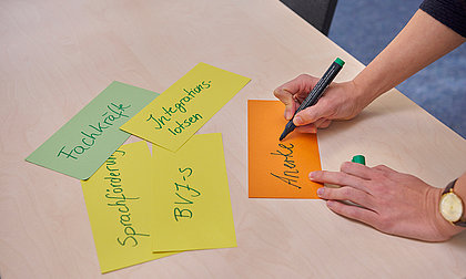 Fünf verschiedenfarbige Moderationskarten mit einem handgeschriebenen Wort liegen auf einem Tisch, an einer Karte wird noch geschrieben
