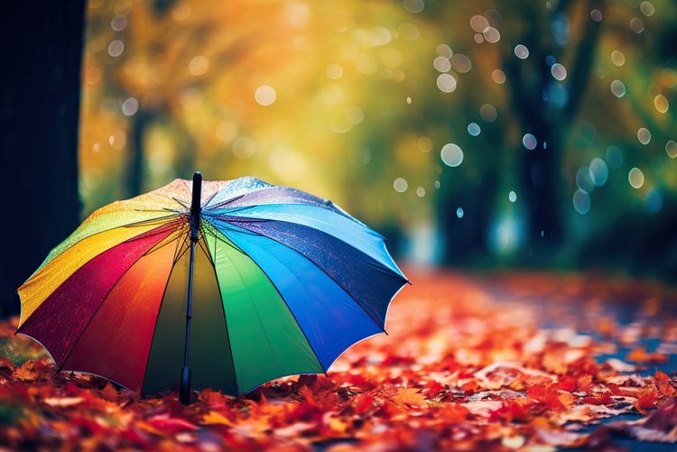 Regenschirm in Regenbogenfarben auf roten Laubblättern, Regentropfen reflektieren die Sonne