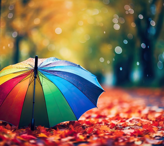 Regenschirm in Regenbogenfarben auf roten Laubblättern, Regentropfen reflektieren die Sonne